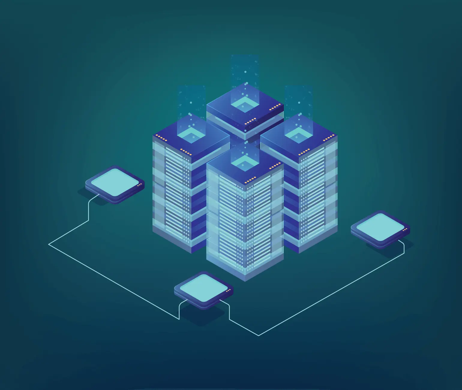 Illustration of interconnected data centers with multiple servers, represented as tall buildings with digital connections on a dark blue gradient background